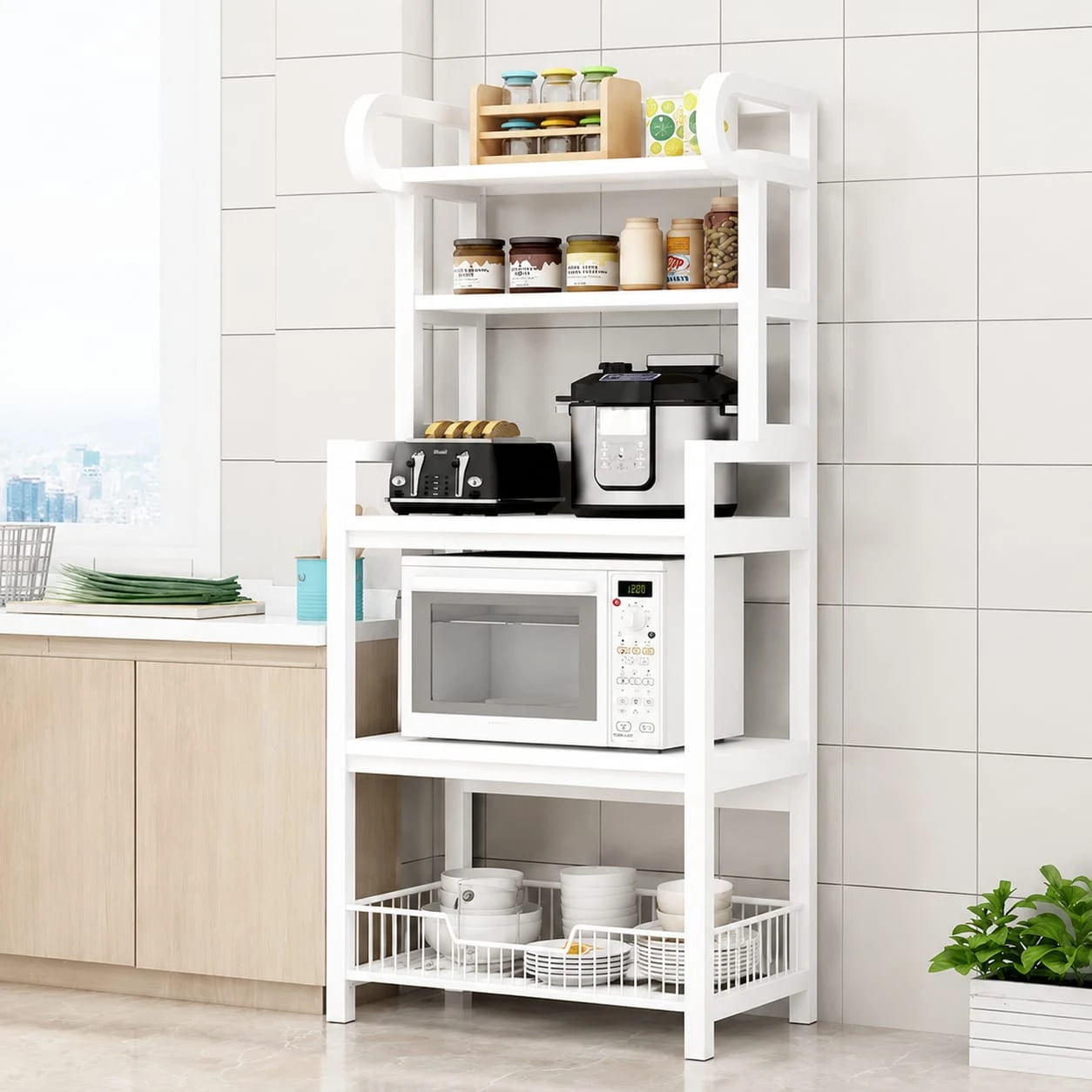 Modern Kitchen Storage Rack with Metal Frame & Wooden Shelves