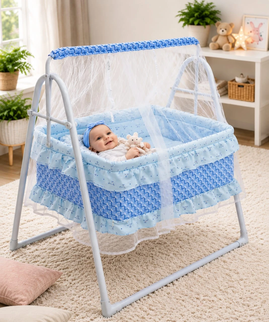 Modern Baby Cot with Wheels and Soft Fabric Finish