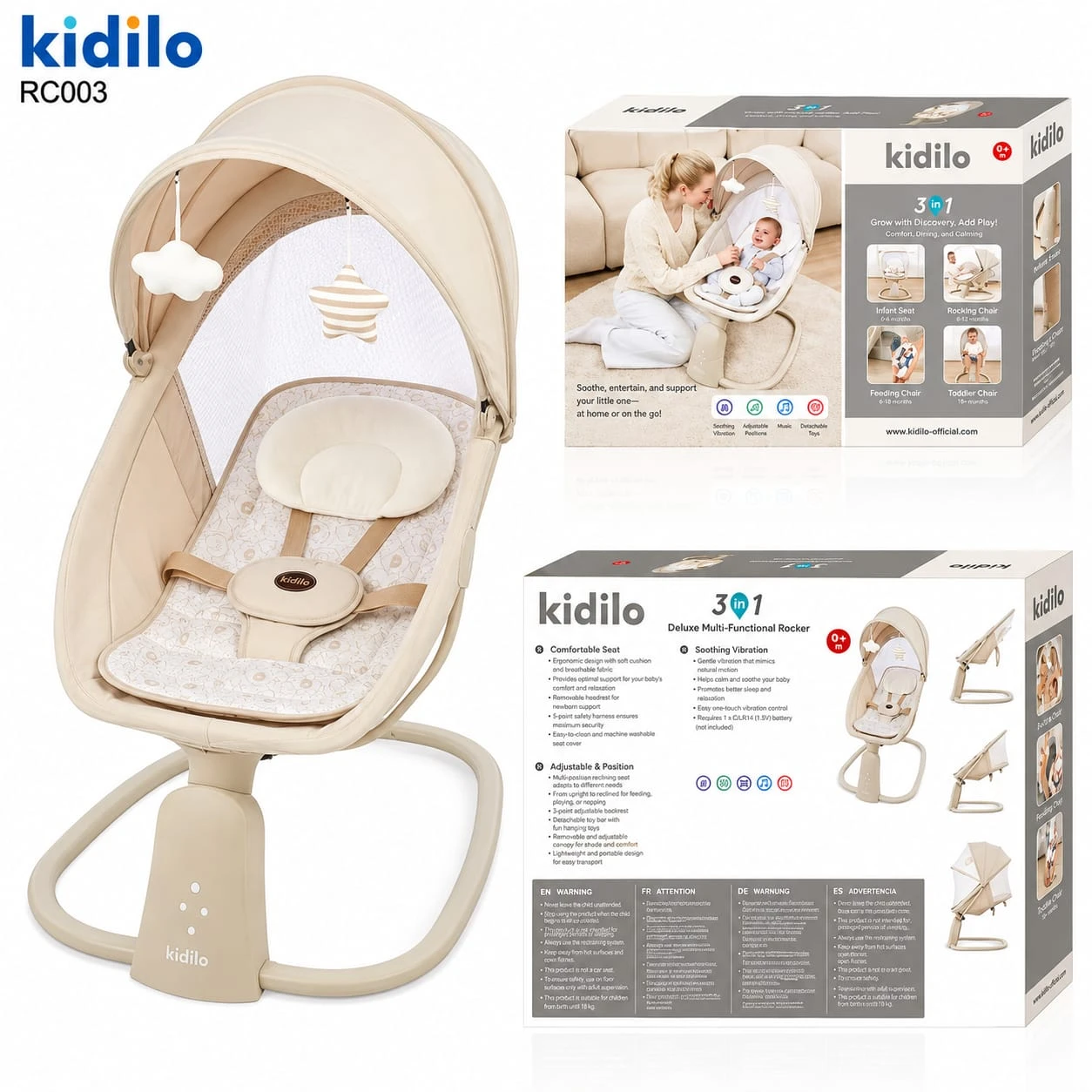Kidilo RC003 Electric Baby Swing, Rocker & Bouncer Cradle